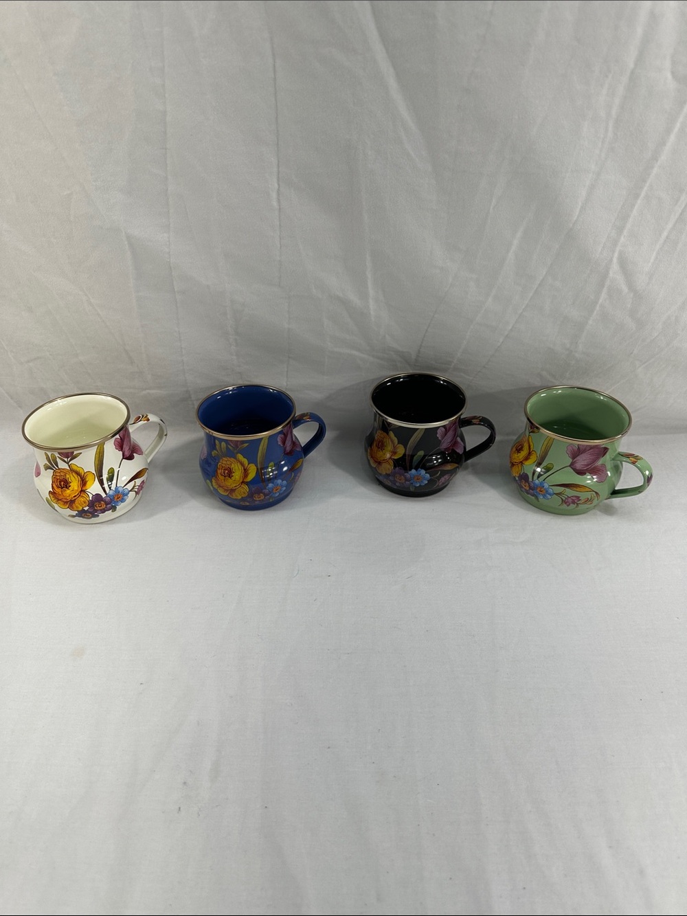 Set 4 Mackenzie-Childs Mixed Flower Market Coffee Enamel Mugs 16oz Each